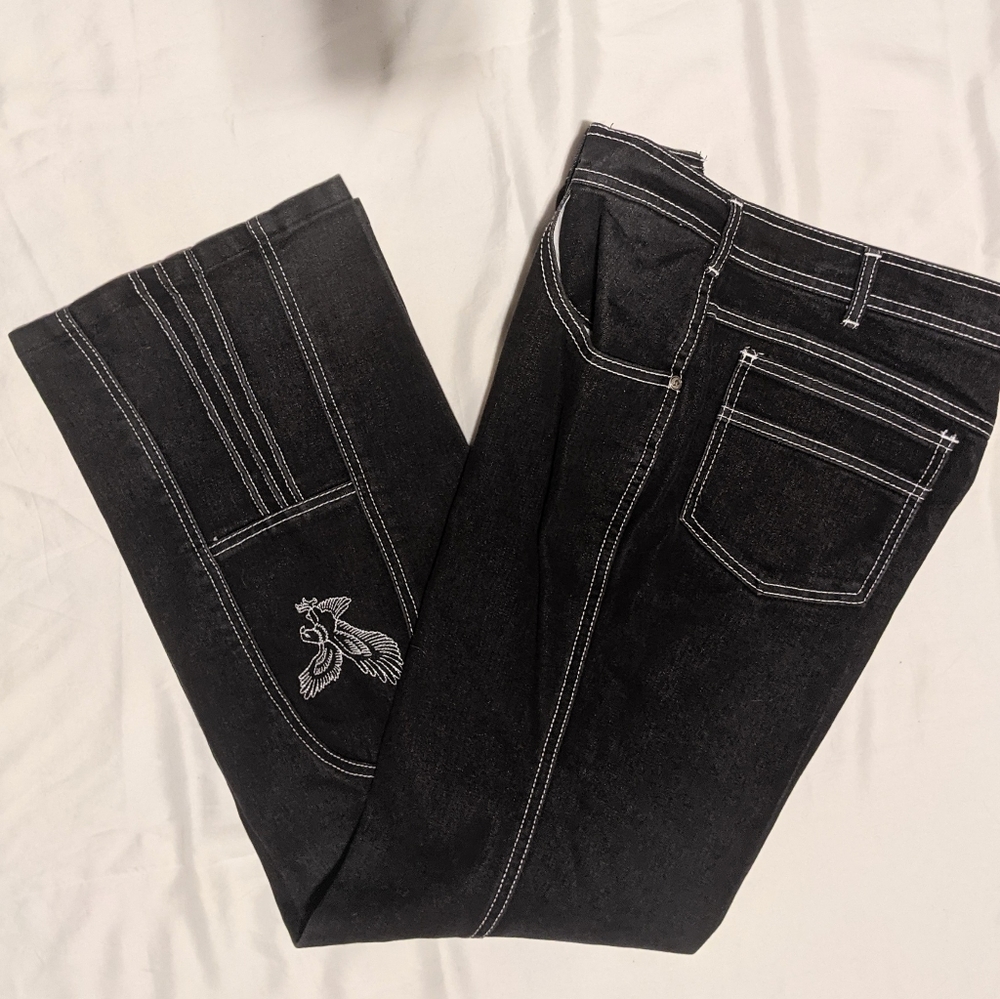 Vntg Sheplers hi waist boot cut dark wash sewn eagle cowgirl denim jeans 34x30